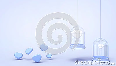 White heart balloons trapped in Float cage and minimal Blue heart group , Love concept - Valentine style - Modern Art pastel Bl Stock Photo