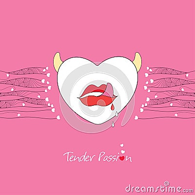 White heart with horns and red open lips on the pink background. Greeting card for Valentine day in contour style. Vector Illustration