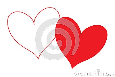 White heart with red outline contour and red fill heart partly overlapping and isolated in a white transparent background Vector Illustration