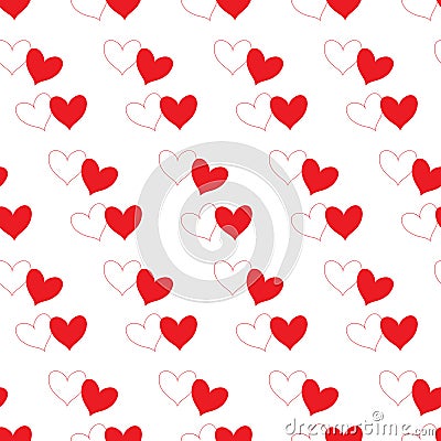White heart with red outline contour and red fill heart partly overlapping and isolated in a white transparent seamless pattern Vector Illustration