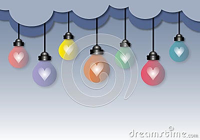 White hearts with colourful Light bulbs and clouds on pastel blue background,. Stock Photo