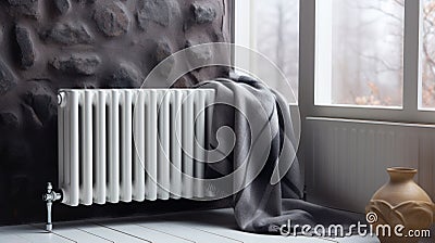 Modern central heating battery close-up. Warm gray plaid hanging on the radiator Stock Photo