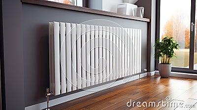 white heating radiator hanging on the wall in the living room, close-up Stock Photo