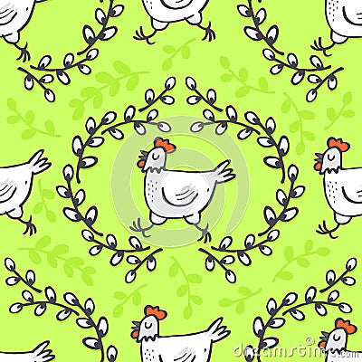 White hen in willow wreath spring holiday Easter pattern on green Cartoon Illustration