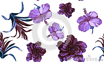 White Hibiscus Leaf. Purple Flower Leaves. Lavender Seamless Leaves. Watercolor Leaves. Pattern Print. Tropical Leaves. Exotic Dec Stock Photo