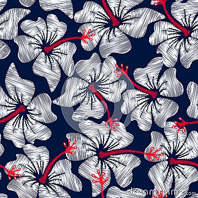White hibiscus tropical embroidery floral seamless pattern Vector Illustration