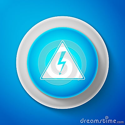 White High voltage icon isolated on blue background. Danger symbol. Arrow in triangle. Warning icon. Circle blue button Vector Illustration