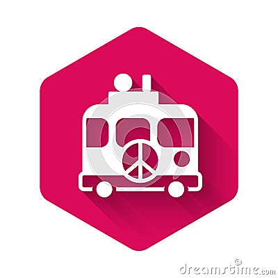 White Hippie camper van icon isolated with long shadow background. Travel by vintage bus. Tourism, summer holiday. Pink Vector Illustration