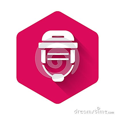 White Hockey helmet icon isolated with long shadow. Pink hexagon button. Vector Stock Photo