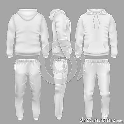 White hooded sweatshirt with sports trousers. Active sport wear hoodie and pants vector templates Vector Illustration