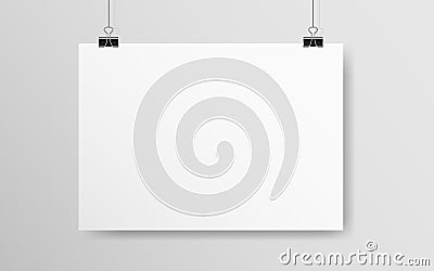 White horizontal poster mockup. Empty A4 paper hanging on a wall. Light blank on a rope. Realistic template with soft Vector Illustration