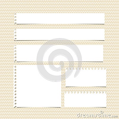 White horizontal torn note, notebook, copybook paper stripes stuck on brown wavy pattern Vector Illustration