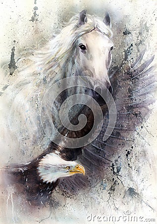 White horse with a flying eagle beautiful painting illustration Stock Photo