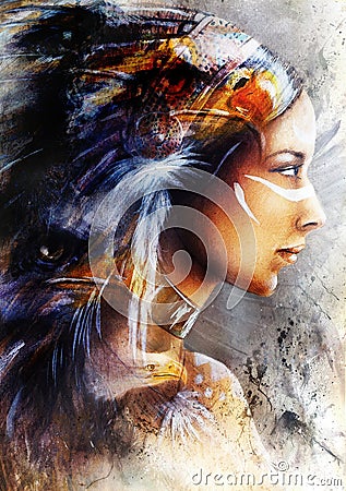 mystical young indian woman with eagle feather headdress, beautiful painting illustration Stock Photo