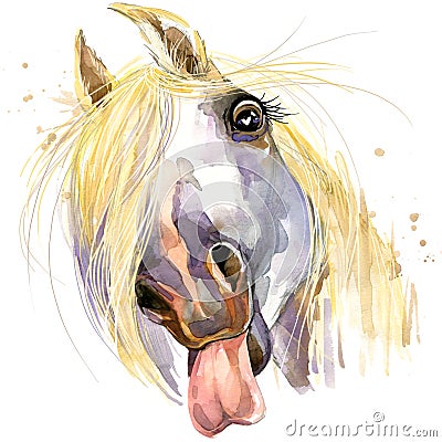 White horse kiss T-shirt graphics. horse illustration with splash watercolor textured background. Cartoon Illustration