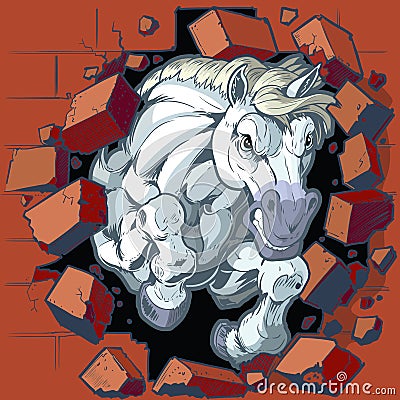 White Horse Mascot Crashing Through Wall Vector Illustration Vector Illustration