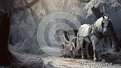 White horse pulling a carriage in snowy forest generated by AI tool Stock Photo