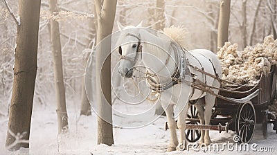White horse pulling a carriage in snowy forest generated by AI tool Stock Photo