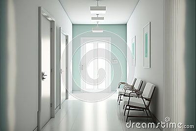 White hospital corridor with doors and white chairs for patients waiting for the doctor visit. A poster. Generative AI Stock Photo