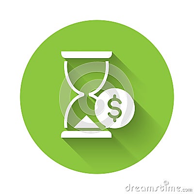 White Hourglass with dollar icon isolated with long shadow. Money time. Sandglass and money. Growth, income, savings Vector Illustration