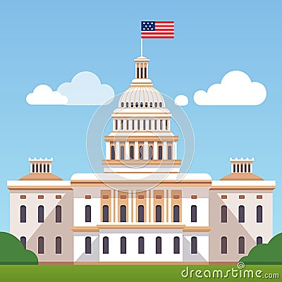 White House building with US flag on a blue sky Vector Illustration