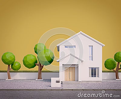 White house exterior.Gable roof,glass window and low poly trees with yellow background. Stock Photo