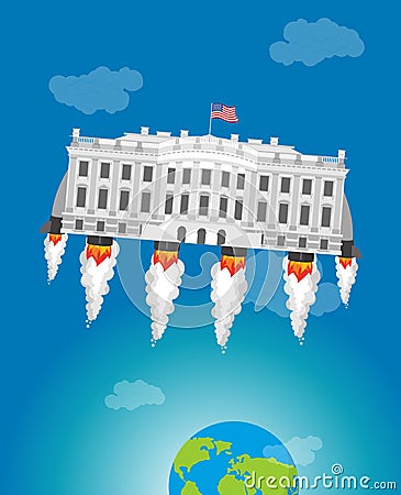 White houseÂ in space. USA President Residence rocket turbo. American National Palace flies. Government building connected to fut Vector Illustration