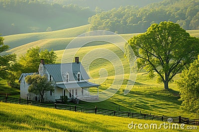 A white house stands atop a vibrant green hillside, providing an idyllic countryside setting, A rustic farmhouse nestled among Stock Photo