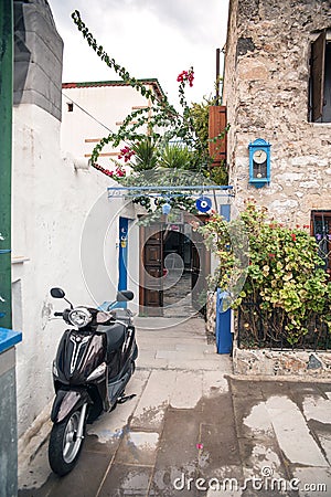 White houses in Greek style. The narrow streets of Bodrum. Homes residents. Blue ornaments and architectural elements Editorial Stock Photo