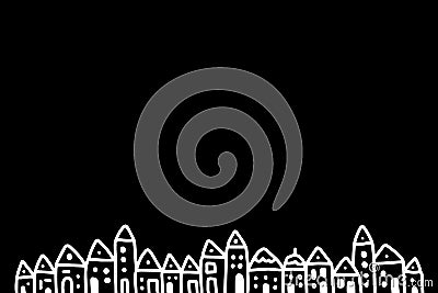 White houses small town in darkness black sky. Hand drawn vector illustration for background Vector Illustration