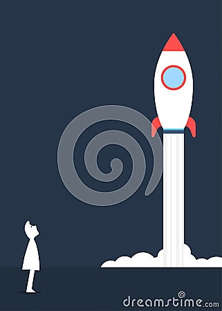 Human figure looking at rising space rocket Vector Illustration