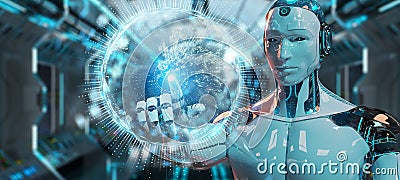 White humanoid using globe network hologram with Europe map 3D r Stock Photo