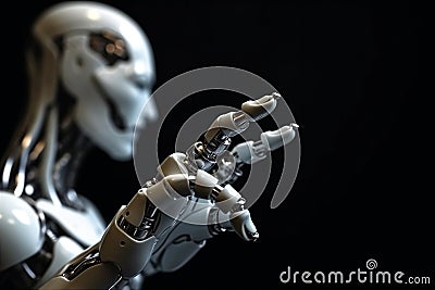 White humanoid cyborg pointing with finger on black background. Abstract robot, AI concept. AI generated Stock Photo