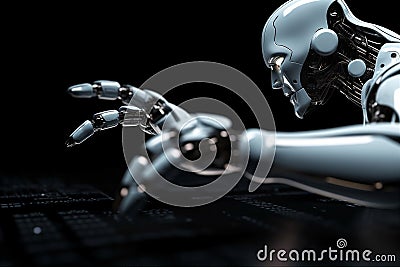 White humanoid cyborg pointing with finger on black background. Abstract robot, AI concept. AI generated Stock Photo