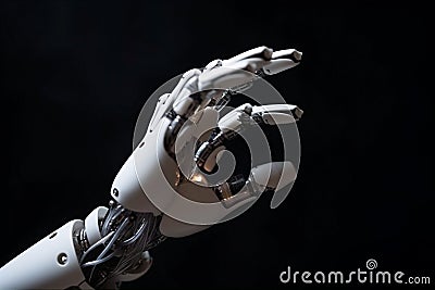 White humanoid cyborg pointing with finger on black background. Abstract robot, AI concept. AI generated Stock Photo