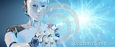 White humanoid robot creating renewable and sustainable eco energy 3D rendering Stock Photo