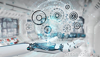 White humanoid robot hand using digital gears 3D rendering Stock Photo