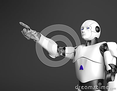 White humanoid robot points a finger,3d render Stock Photo