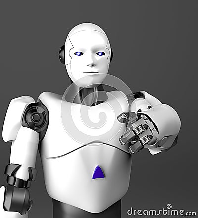 White humanoid robot points a finger,3d render Stock Photo