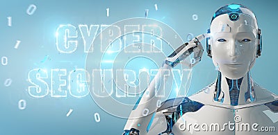 White humanoid using cyber security text hologram 3D rendering Stock Photo