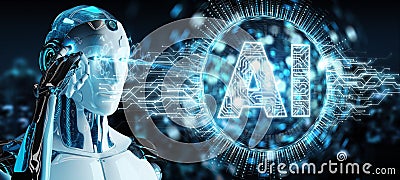 White humanoid using digital artificial intelligence icon hologram 3D rendering Stock Photo