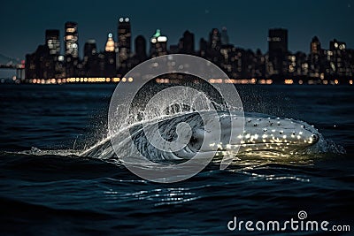 White humpback whale breaching on Hudson River in front of New york city illuminated skyscrapers at night illustration generative Cartoon Illustration