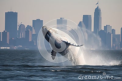 White humpback whale breaching on Hudson River in front of New york city illustration generative ai Cartoon Illustration