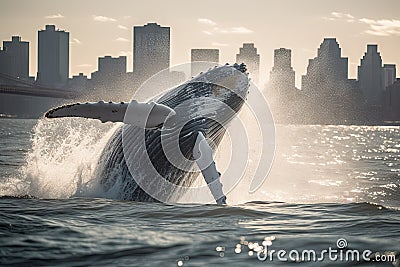 White humpback whale breaching on Hudson River in front of New york city illustration generative ai Cartoon Illustration