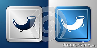 White Hunting horn icon isolated on blue and grey background. Silver and blue square button. Vector Vector Illustration