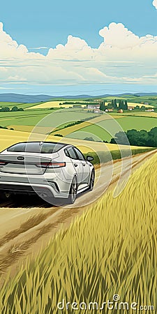 Fusion Of East And West: A Stylish White Car Driving On A Dirt Road Cartoon Illustration