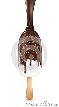 White ice cream is poured with chocolate sauce Vector Illustration