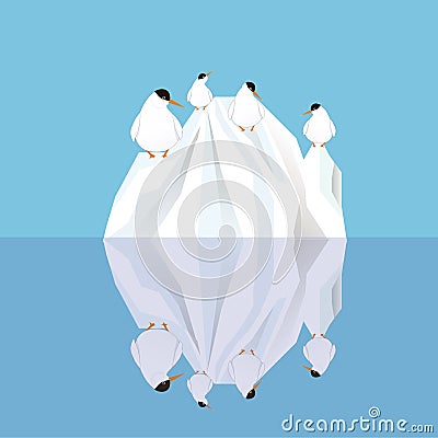 White iceberg reflecting in blue water, arctic tern birds design element Vector Illustration