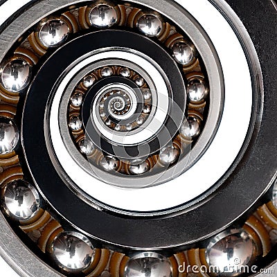 on white Incredible unusual industrial asymmetrical Ball Bearing spiral. Spiral effect bearing manufacturing technology. Stock Photo