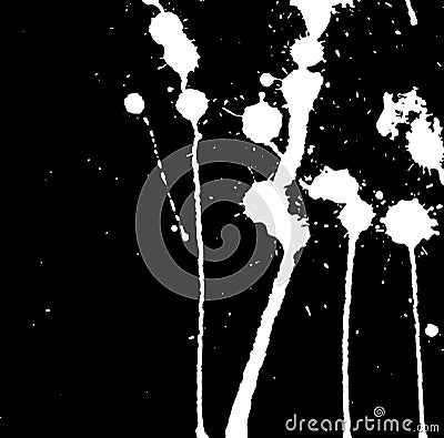 White ink splash. Paint splatter. White blots on black. Paint stains. Vector Illustration